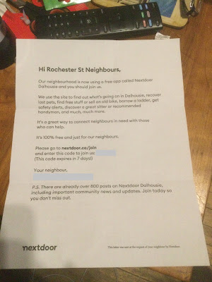 A paper letter starting Hi Rochester St Neighbours, Our neighbourhood is now using a free app called Nextdoor Dalhousie and you should join us. There's a code that it says will expire in 7 days, and it's signed Your neighbour, [name and street name removed by me]