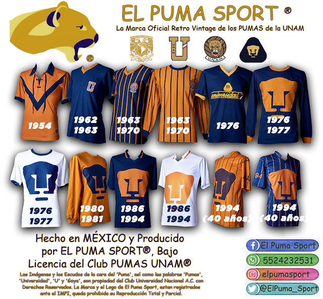 Pascua de Resurrección sátira Noroeste El Puma Sport, Bajo Licencia de la UNAM y PUMAS ®: Jersey Pumas UNAM Retro  50' 60' 70' 80' y 90s