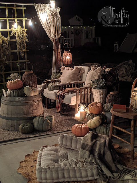 Outdoor fall decor, fall patio decor, fall decor, fall porch decorating ideas, fall decor ideas for the home, patio decorating ideas, patio lights string, patio ideas