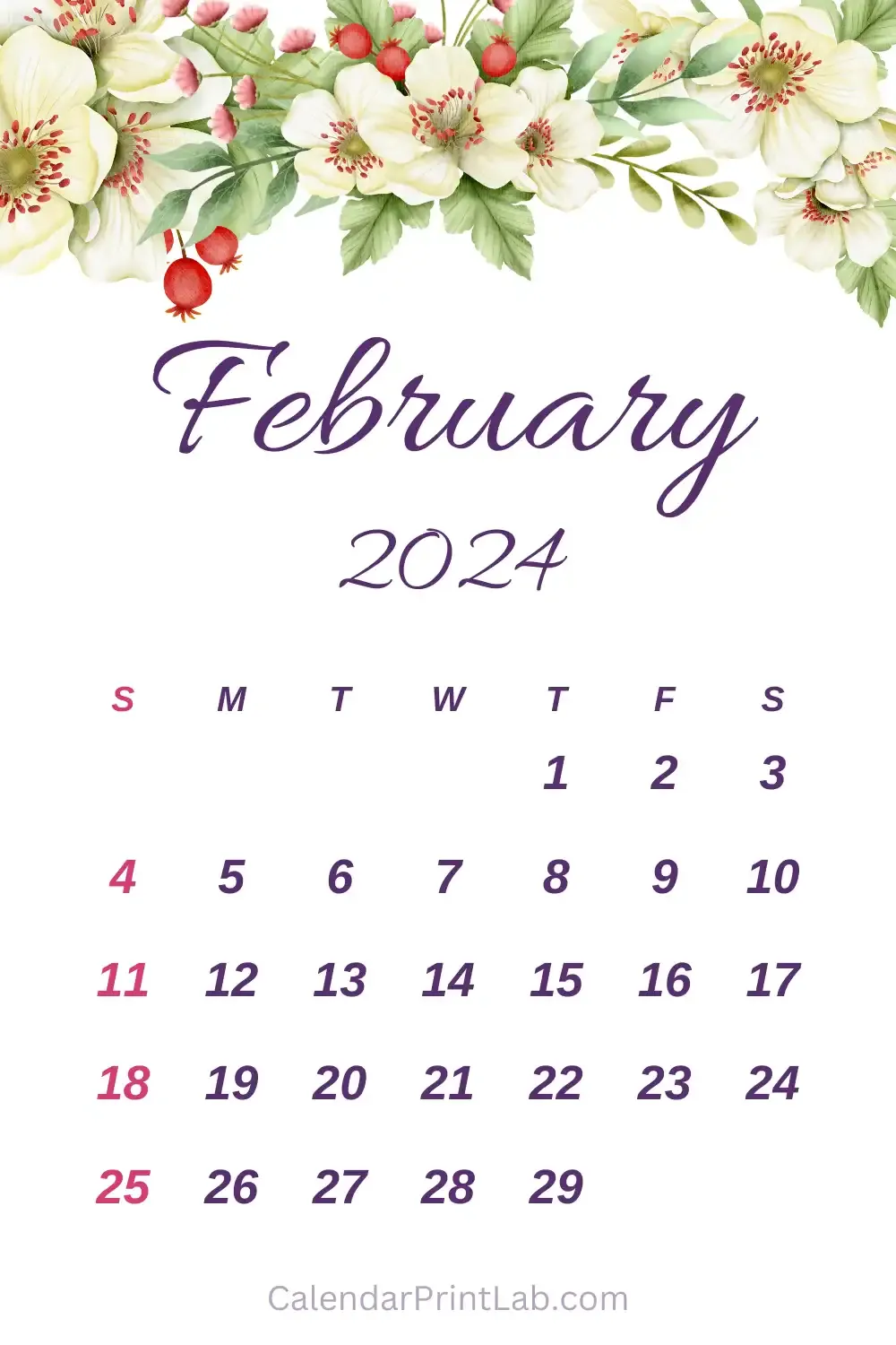 Free February 2024 Flower Calendar
