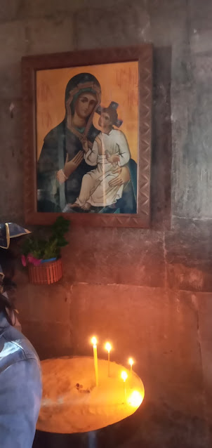 Painting  of Mother Mary and Baby Jesus in Jvari Monastery. Georgian Orthodox church.