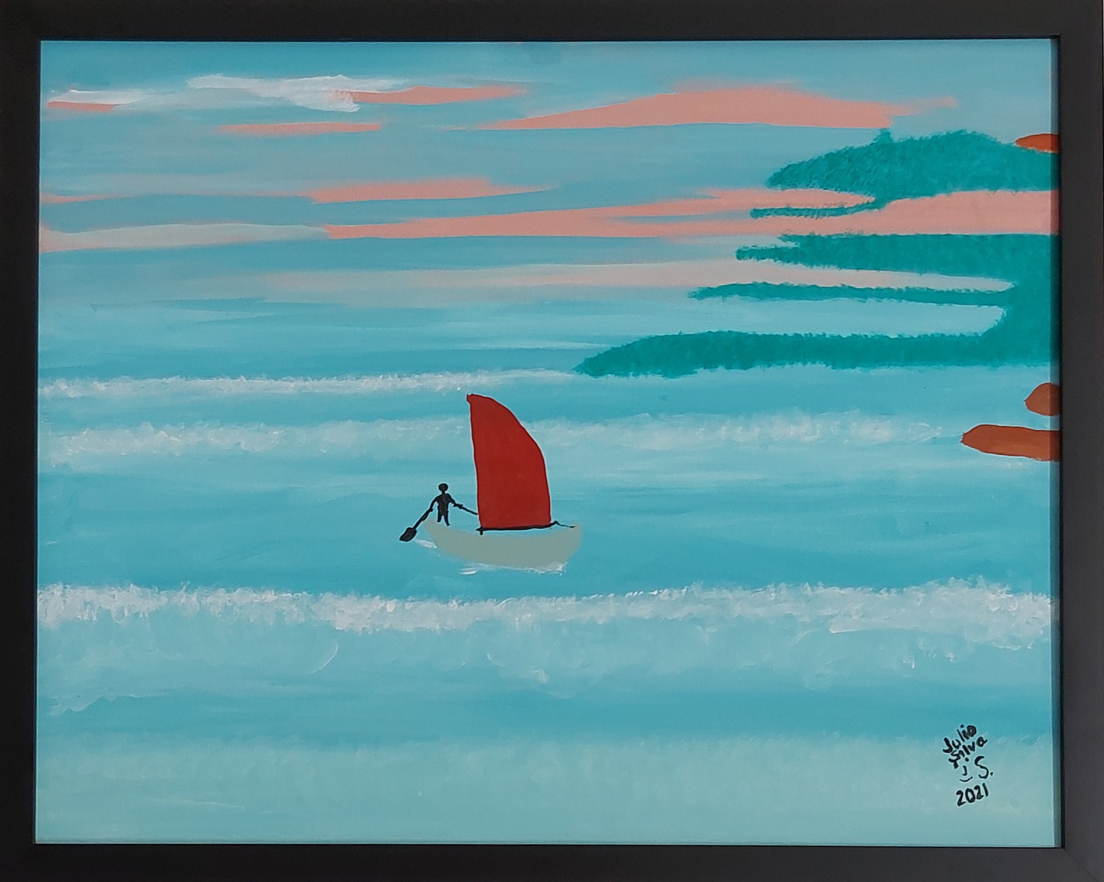 Pessoa em barco à vela aportando em enseada pintura Aportando em acrílica sobre tela 40x50 de Julio Silva, 2021