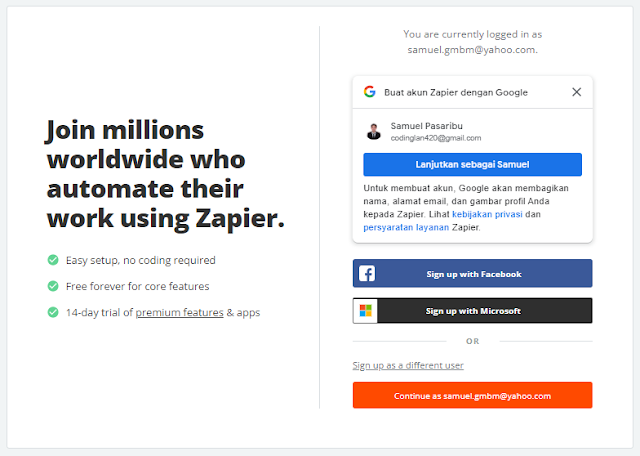 membuat akun di Zapier