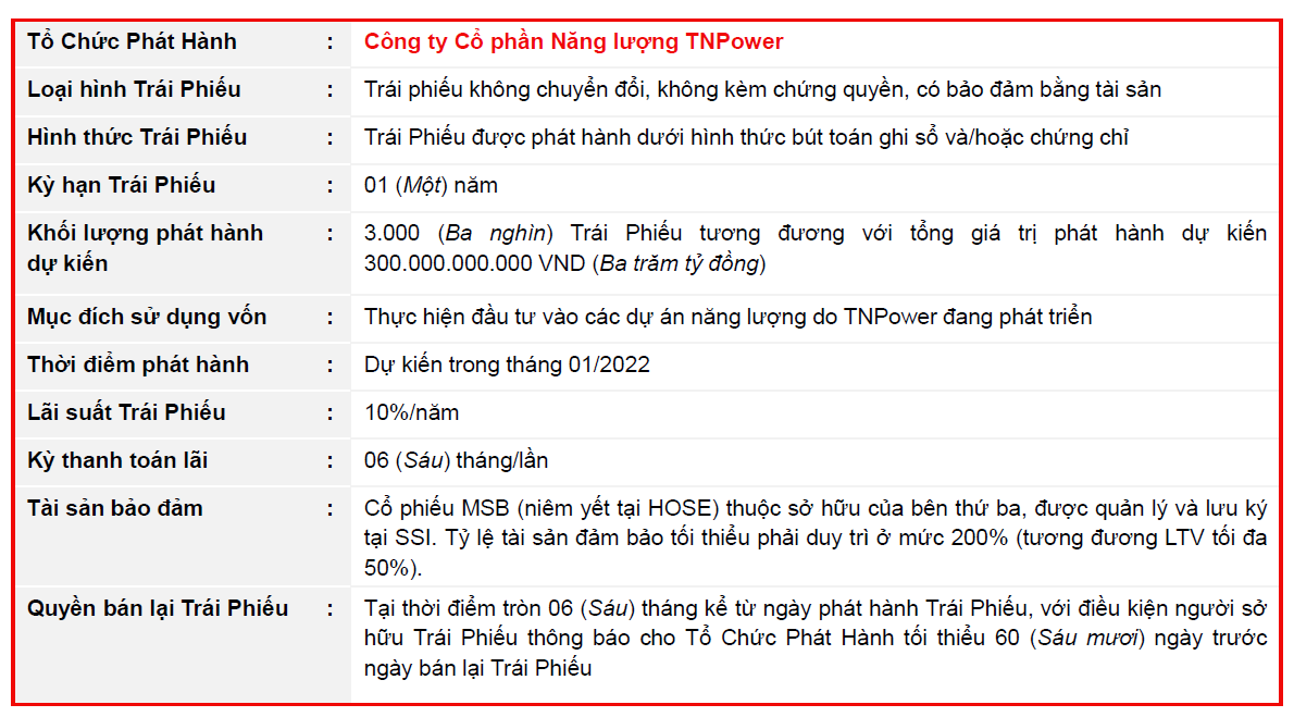 Các điều khoản, điều kiện chính của Trái Phiếu TNPower