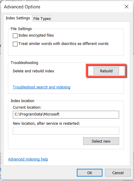 إعادة إنشاء فهرسة البحث في نظام التشغيل Windows 10