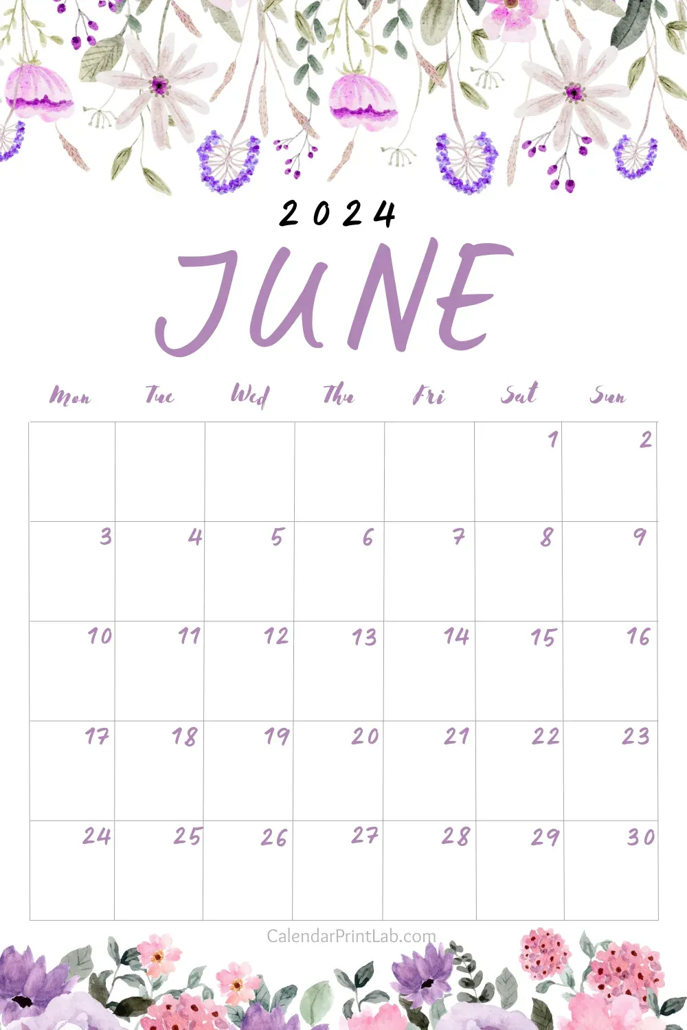 June 2024 Flower Calendar Printable
