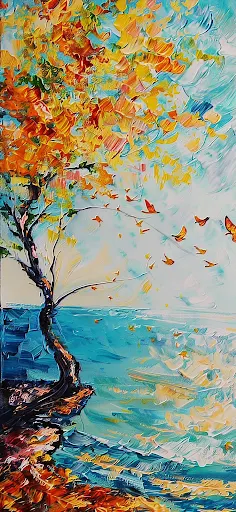 Vibrant impressionist wallpaper depicting a colorful autumn tree with leaves swirling in the wind, beside a serene blue water body, painted in bold strokes of yellow, orange, and blue.