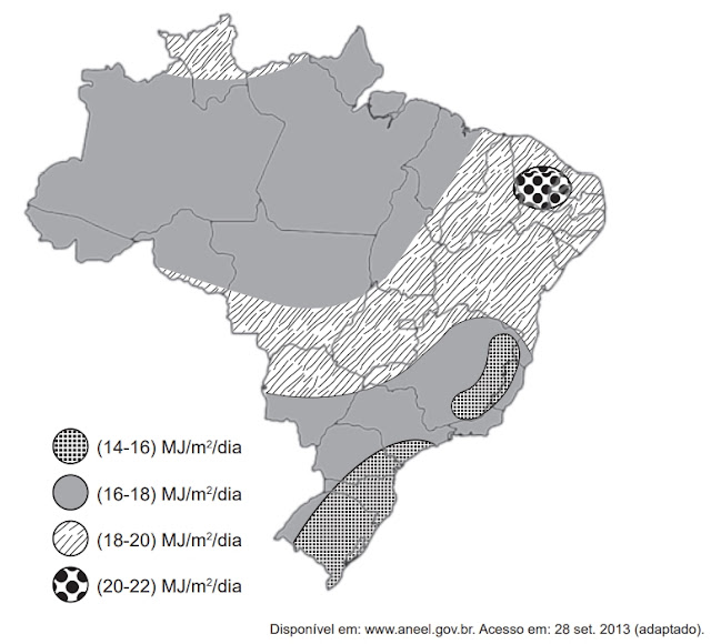 A energia solar vem de uma fonte renovável e seu potencial ainda é pouco explorado no Brasil. O mapa mostra a variação da incidência solar em nosso país.