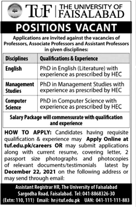 TUF jobs of Faisalabad University 2021