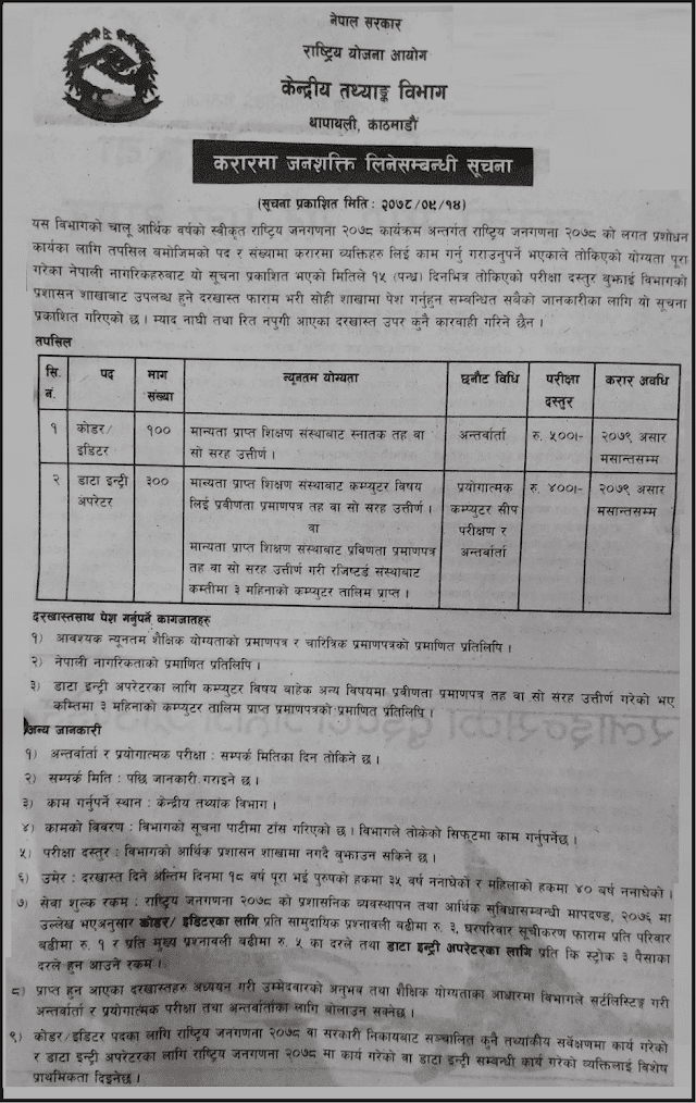 Vacancy from Central Bureau of Statistics (CBS) for Coder/Editor and Data Entry Operator