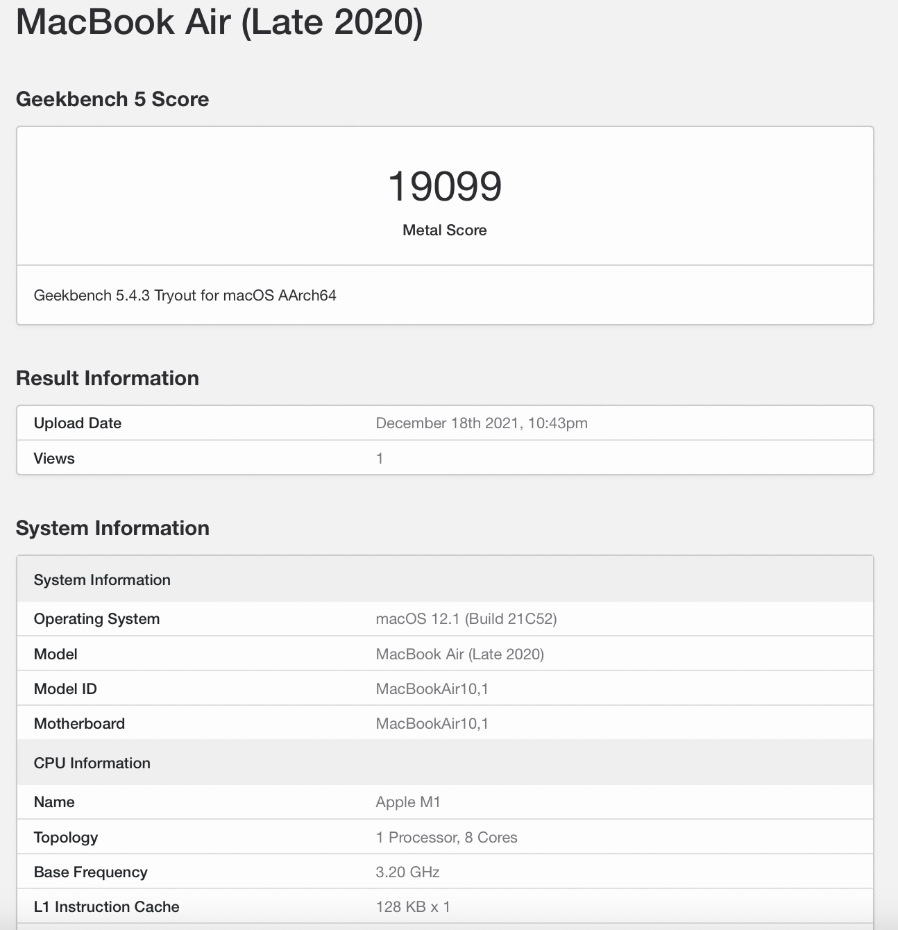 Benchmark Apple Macbook Air M1 2020 A2337