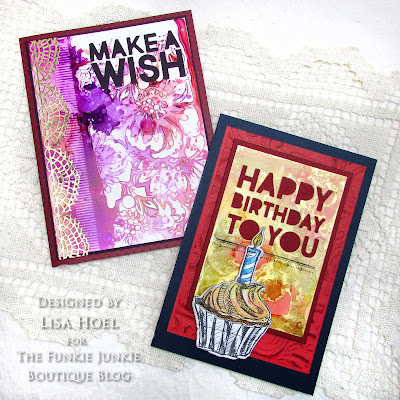 Lisa Hoel for The Funkie Junkie Blog challenge #creativejuicefreshsqueezed #tim_holtz #sizzix #mymakingstory #thefunkiejunkie #thefunkiejunkieboutique #frillyandfunkie – alcohol ink birthday cards