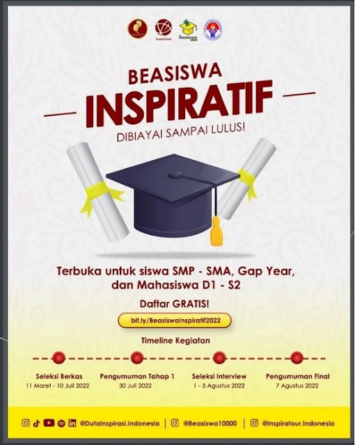 BEASISWA INSPIRATIF, Dibiayai Sampai Lulus!