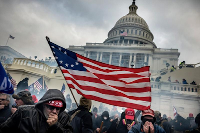 color photograph of supporters of President Donald Trump with American flag  retreating  from tear gas during a battle with Law Enforcement officers on the west steps of the Capitol in Washington, January 6, 2021