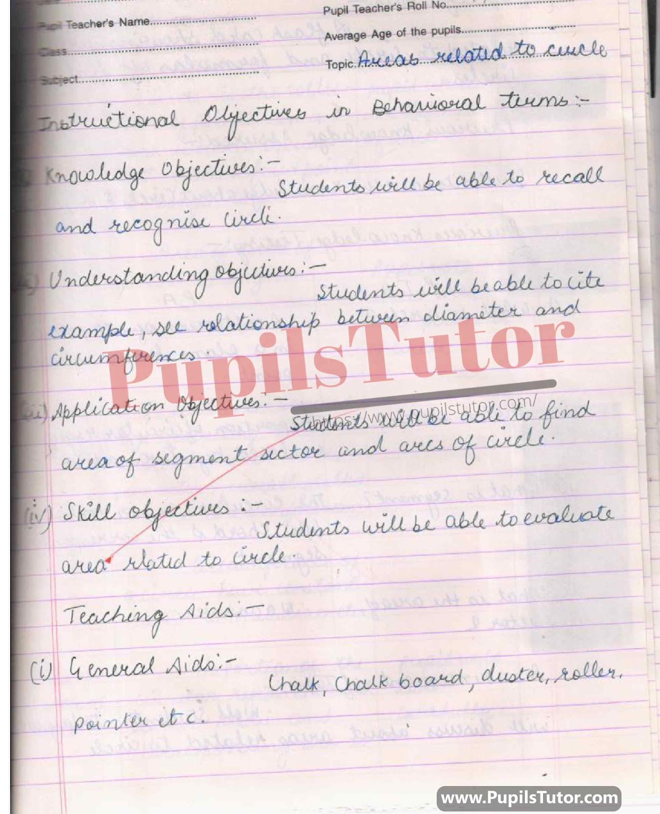 Mathematics Lesson Plan For Class 10 To 12 On Area Of Sector And Segment Of Circle – (Page And Image Number 1) – Pupils Tutor