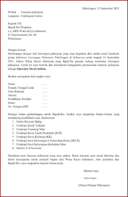 Contoh Application Letter Untuk Operator Mesin (Fresh Graduate) Berdasarkan Informasi Dari Media Sosial