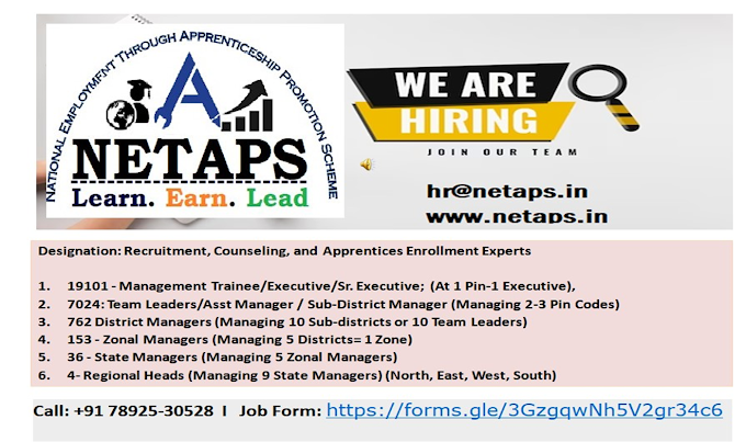 NETAPS is hiring -Regional Managers - Recruitment/Counseling/Admissions for Earn While You Learn / Apprenticeship Degree Program, All India. Call# 78925-30528