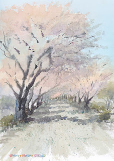 川沿いの桜並木のスケッチ。並木を見通した構図で。水彩画。