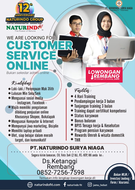 Lowongan Kerja Pegawai Customer Service Online PT Naturindo Surya Niaga Rembang