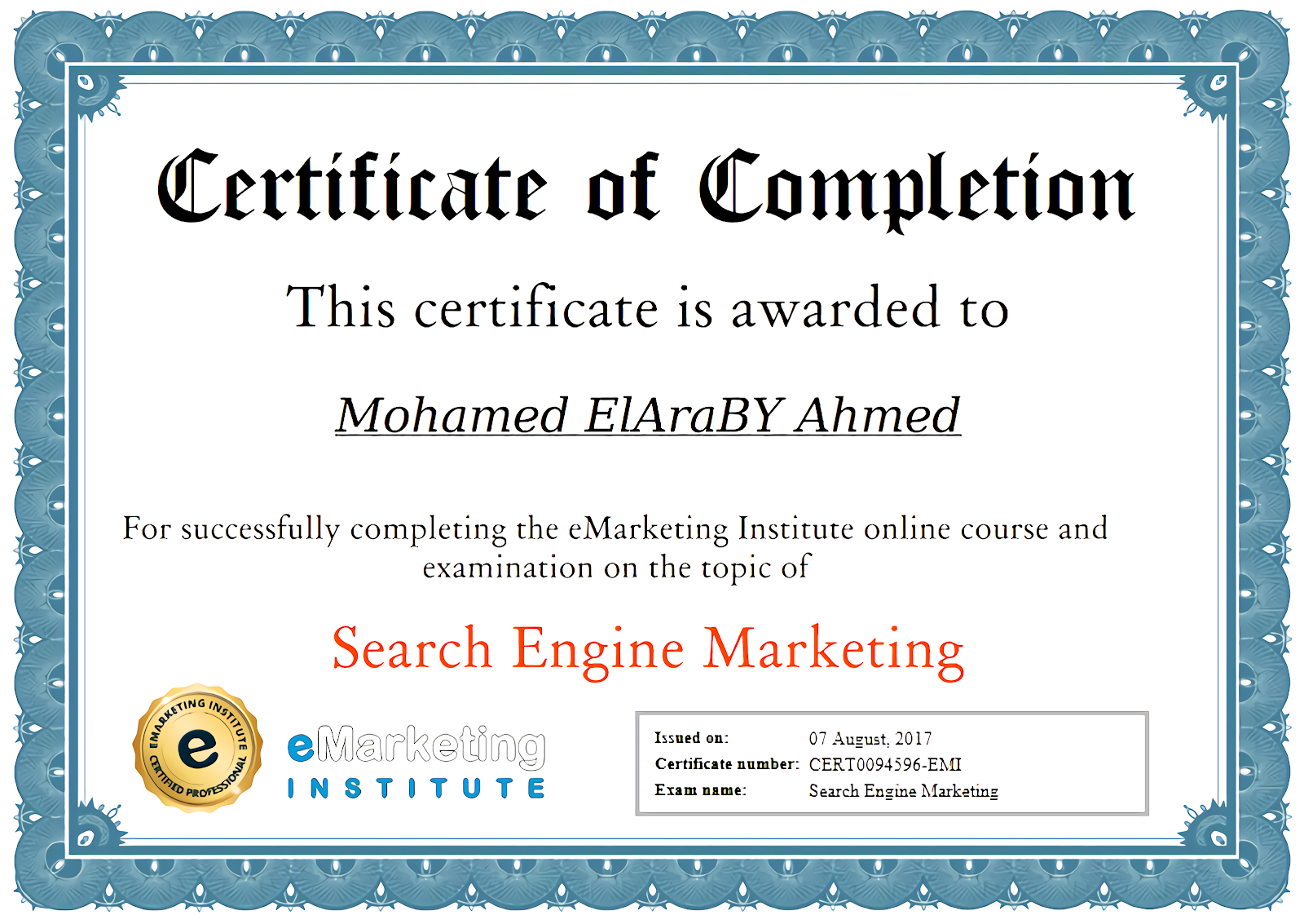 E-Marketing CERTIFICATE