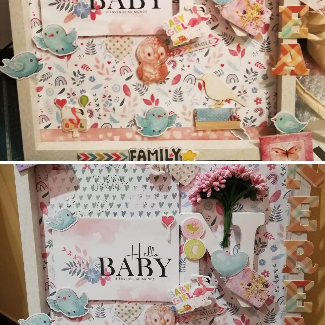 Collage de dos imágenes, la primera (en la parte superior) con un primer plano de algunos de los pajarillos de papel de scrap y otros elementos decorativos, en la parte superior un primer plano con los detalles decorativos de la parte inferior del cuadro.