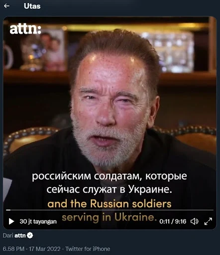 mengunggah video khusus di akun twitternya terkait serbuan Rusia ke Ukraina Arnold Schwarzenegger Ungkap Kebohongan Propaganda Putin, Videonya Viral Hingga Ditonton 30 Juta Tayangan