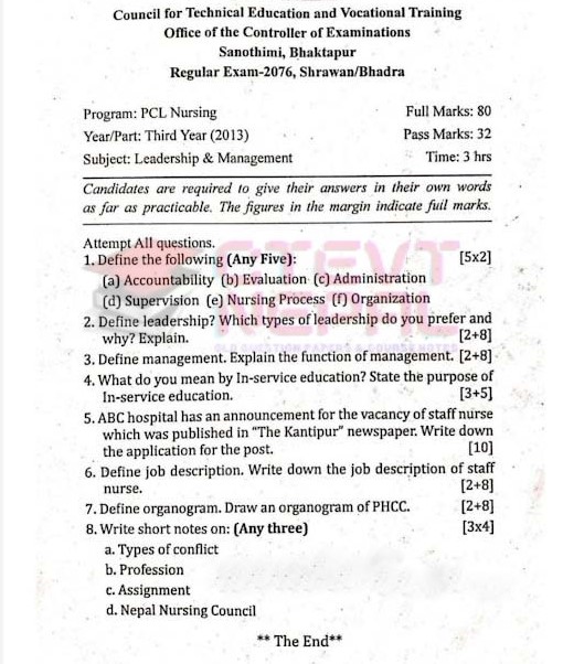 Leadership and Management - 3rd Year Question Papers CTEVT | PCL in Nursing