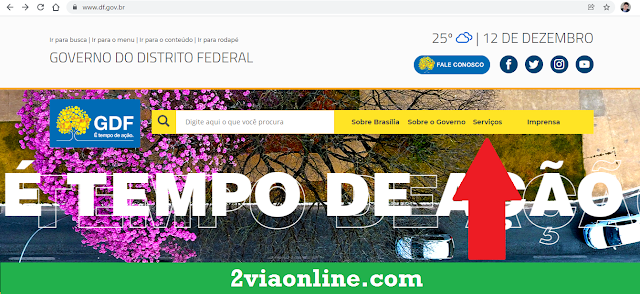 Passo 01 - Acesse o site oficial do Governo do Distrito Federal (https://www.df.gov.br/), localize e clique na opção "Serviços"