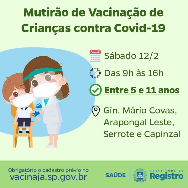 Prefeitura de Registro-SP vacina 2.271 crianças contra Covid-19