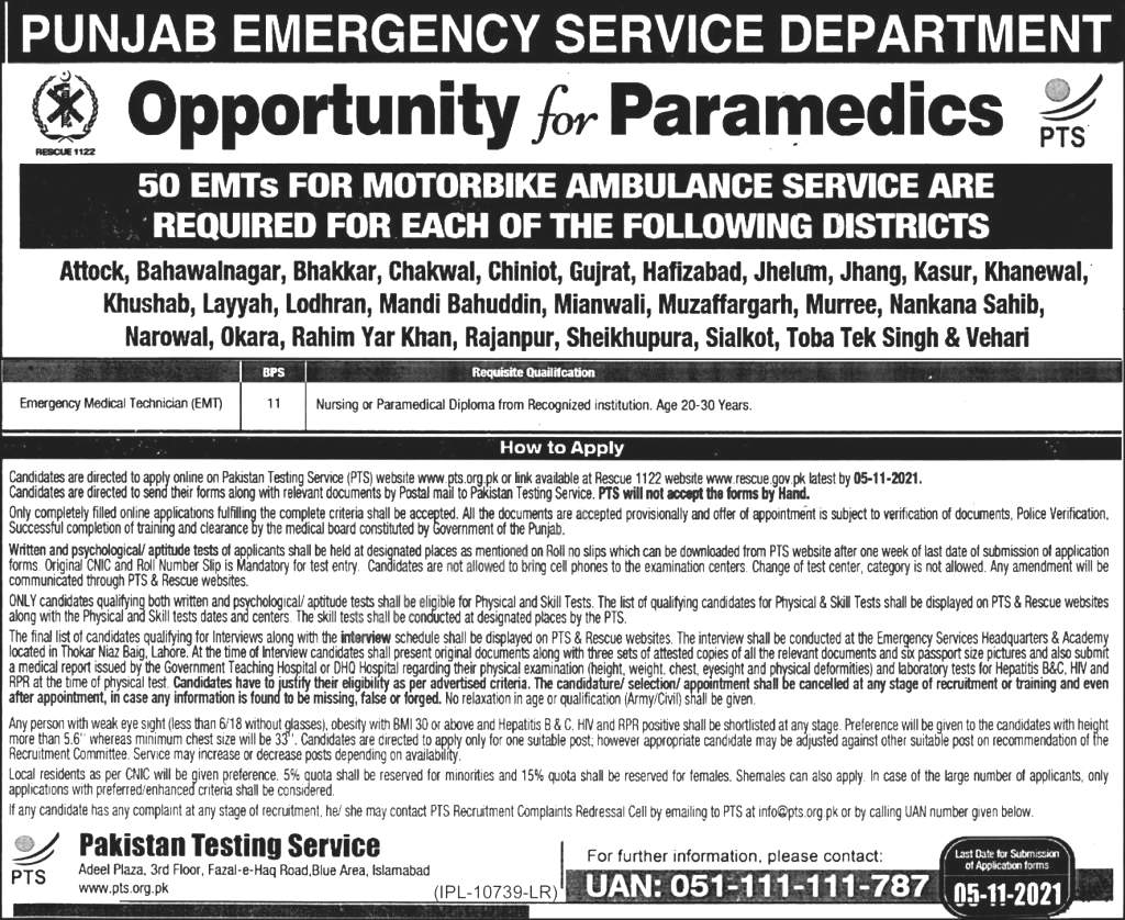 Punjab Emergency Services Rescue 1122 Jobs 2021