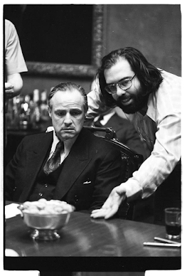 black and white photograph of Marlon Brando and Francis Ford Coppola, “The Godfather”