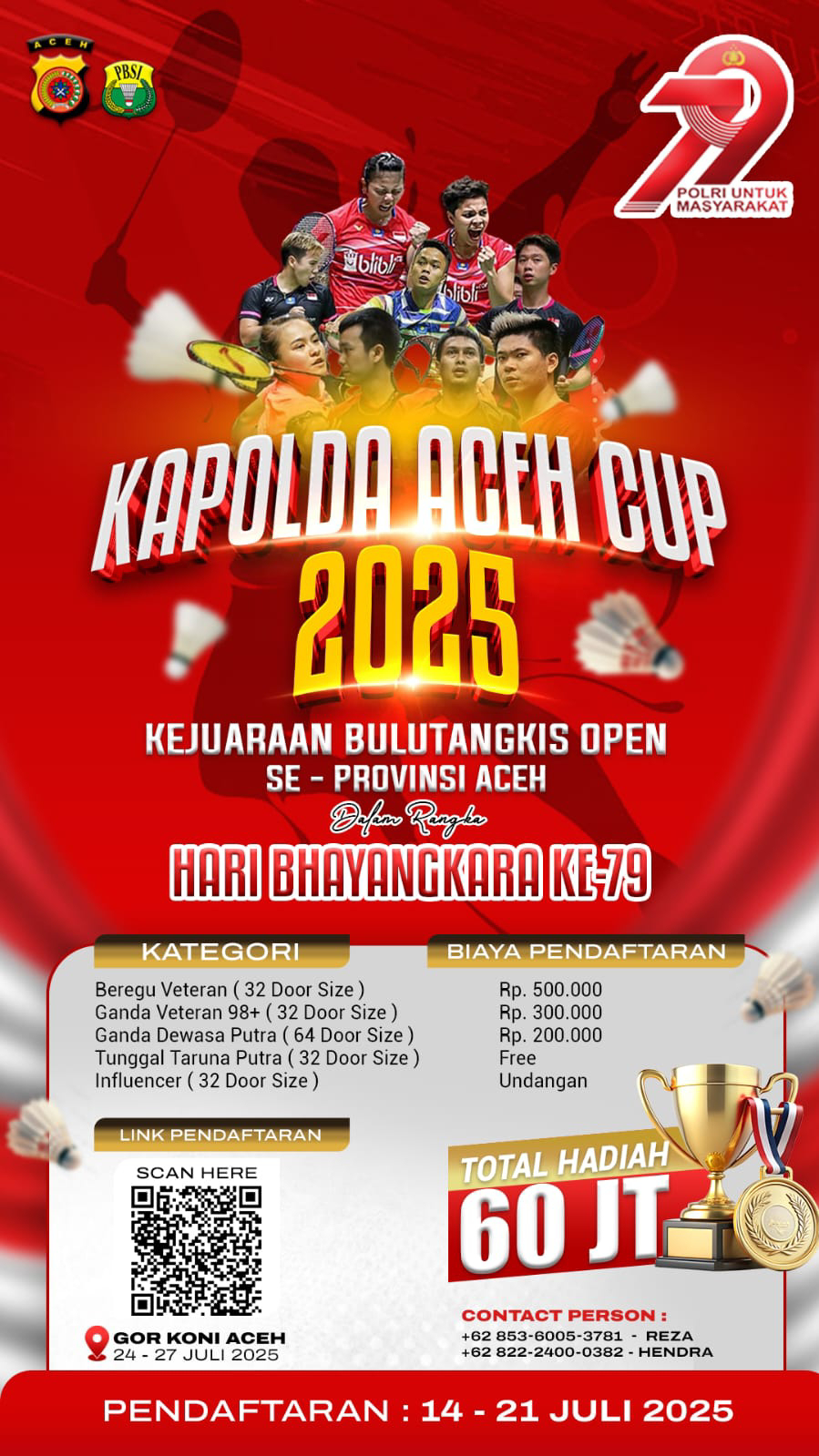 Kejuaraan Badminton Kapolda Aceh Cup 2025 Segera Digelar, Total Hadiah Rp60 Juta