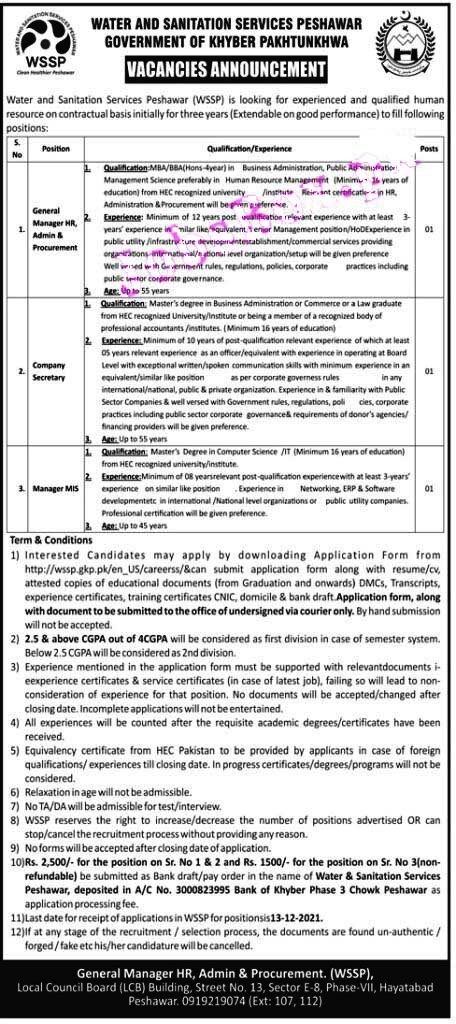 Water and Sanitation Services Peshawar WSSP Jobs December 2021