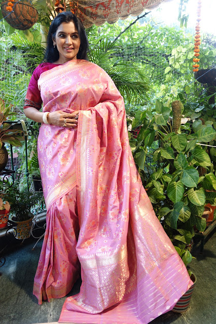 Rose pink Banarasi ektara silk saree