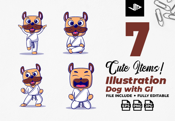 Karakter ilustrasi lucu berbentuk anjing dengan menggunakan kostum karate