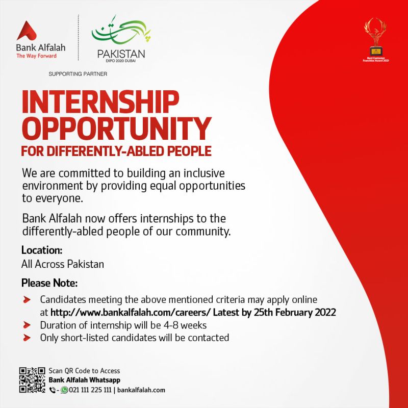 Internship Opportunity for Differently-Abled Individuals In Bank Alfalah Pakisatn