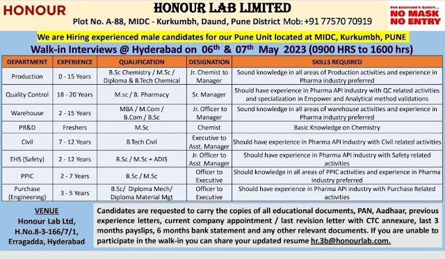 Job Availables, Honour Lab Ltd Daund Walk In Interview For Production/ QC/ Warehouse/ PR&D/ Civil/ EHS/ PPIC/ Purchase