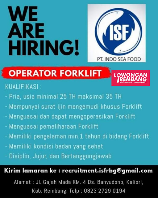 Lowongan Kerja Operator Forklift PT Indo Sea Food Rembang