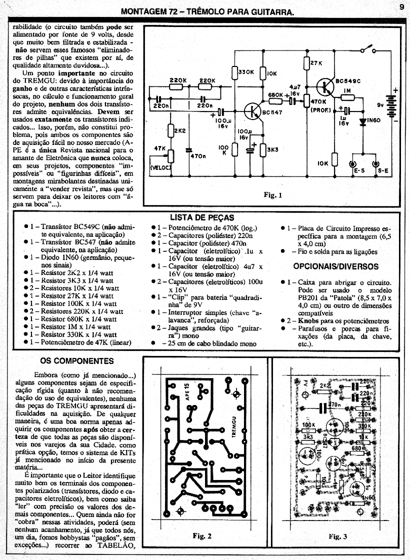 Aprendendo e Praticando Eletrônica SUPER FUZZ-SUSTAINER p/ guitarra - Vol.5 jan.89  e   TREMOLO p/ guitarra - Vol.15 jan.89