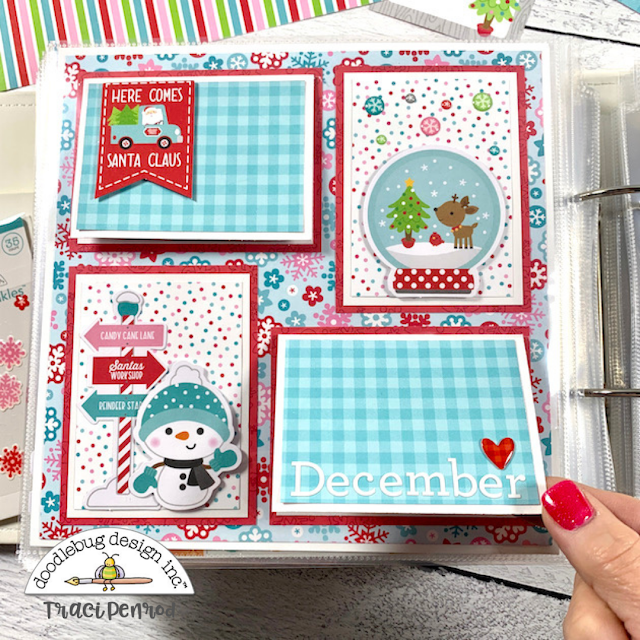 8x8 Christmas winter scrapbook page layout with a snowglobe, reindeer, and a snowman