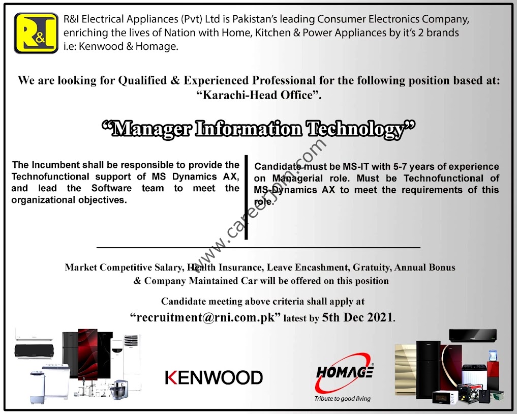 R & I Electrical Appliances Pvt Ltd New  Jobs Manager Information Technology