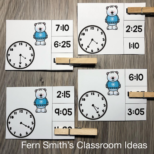 Grab These Easy to Prep Winter Polar Bear Themed Time to the Five Minutes Clip Card Math Centers For Your Class Today!