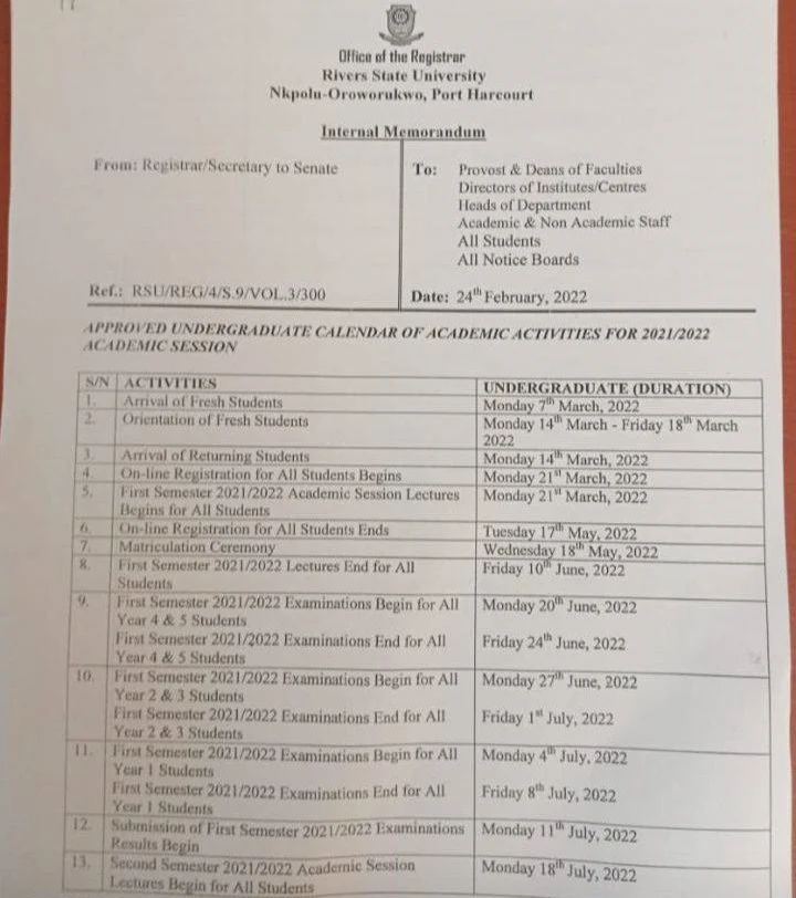RSUST Academic Calendar Schedule 2021/2022 [APPROVED]