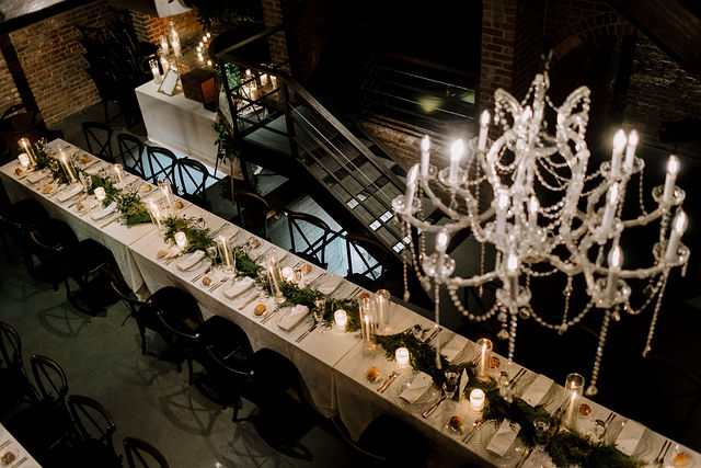 40" Chrystal Chandeliers hanging in the main room at The Foundry