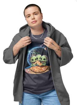 Little Alien Kids Eat Pizza in Space Graphic T-Shirt