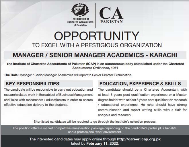 The Institute Of Chartered Accountants Of Pakistan ICAP Jobs  Manager / Sr. Manager