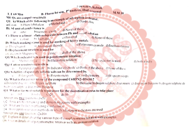Pharmaceutical analysis second sessional  1st Semester B.Pharmacy Previous Year's Question Paper,BP102T Pharmaceutical Analysis I,BPharmacy,Previous Year's Question Papers,Pharmaceutical Analysis,BPharm 1st Semester,PGIMS Question Paper,