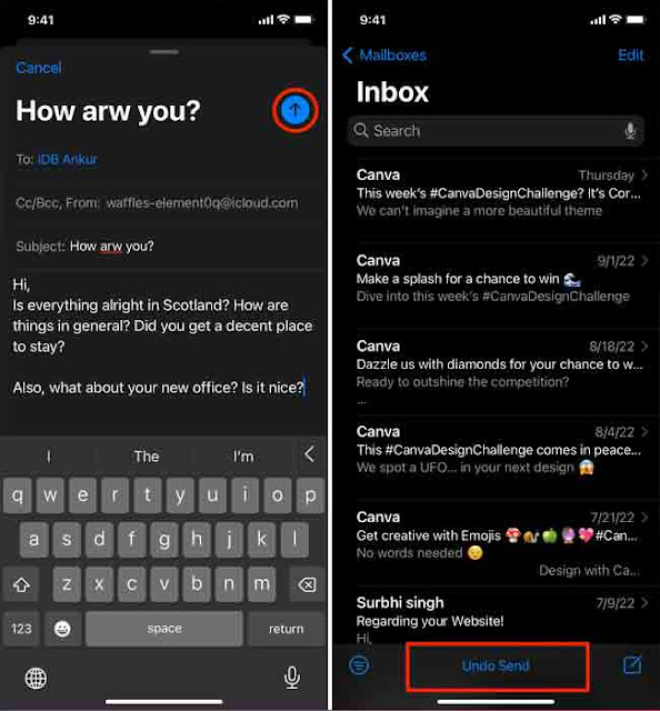 لقطتا شاشة iPhone توضحان كيفية التراجع عن إرسال بريد إلكتروني في تطبيق iPhone Mail