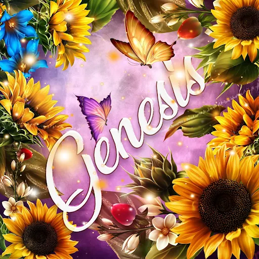 imágen con el nombre genesis con fondo de girasoles y mariposas para descargar gratis