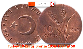 Turkey 10 Kuruş Bronze 1958-1974 @ 50